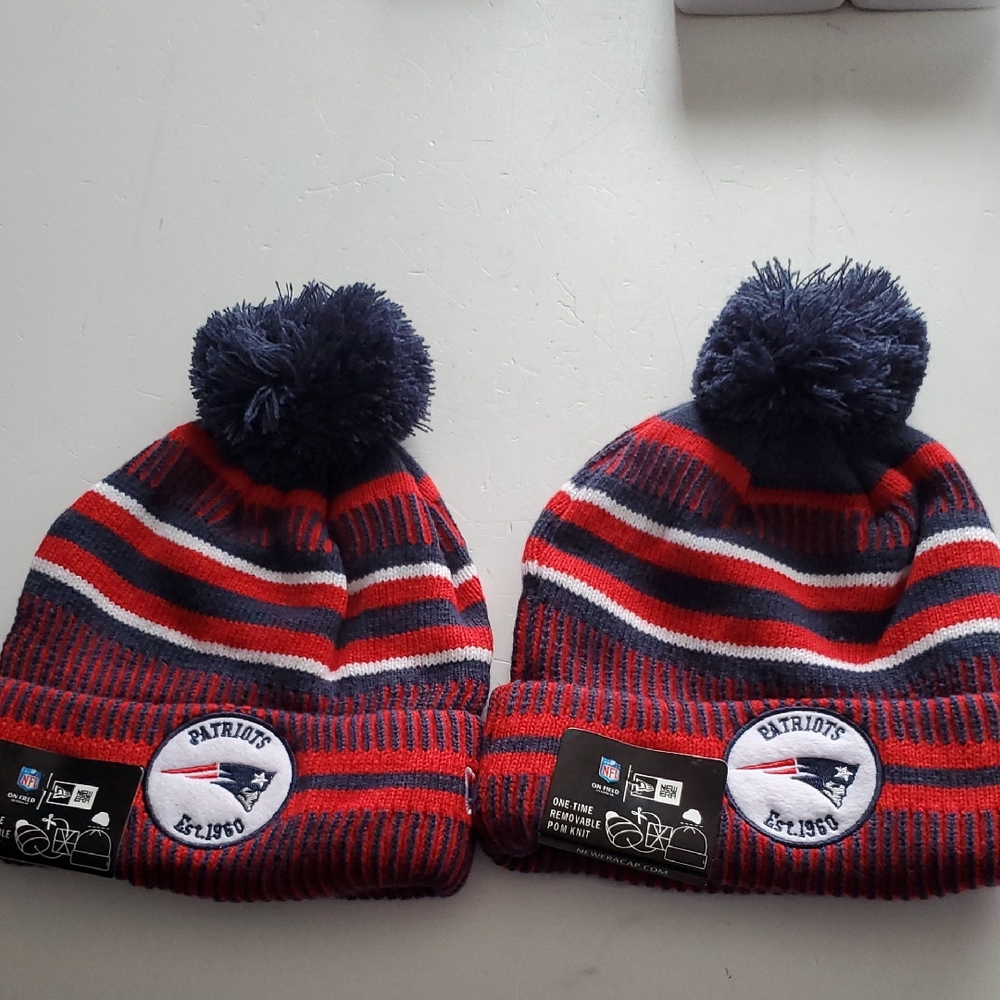 New Era Patriots Striped Knit Beanie with Pom-Pom,lot Of 2 Hats.